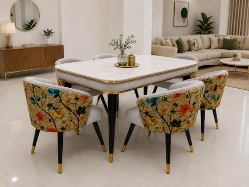 Image of WOODEN SPACE 6-Seater Wooden Dining Table Set | Nano Composite Marble Top | Solid Wood Base | Modern Dining Room Furniture with 6 Chairs (Printed Light Grey)