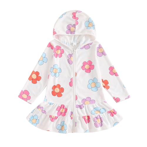 Toddler Girl Cover Up Terry Robe Long Sleeve Hooded Swimwear Towel Coverup Dress Zip-Up Bathing Suit Wrap Bathrobe (A-Multicolor, 7-8 Years)