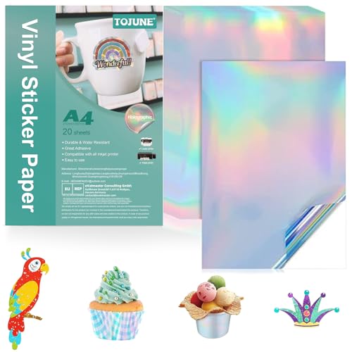TOJUNE Papel Adhesivo de Vinilo Imprimible para Impresoras Láser y de Inyección de Tinta, A4, 21 x 29.7 cm, Resistente al Agua, Corte Arbitrario, (20 Hojas) (Láser de Color)