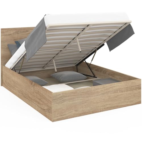 IDMarket - Lit Coffre Double Seaside avec tête de lit et sommier 160 x 200 cm façon hêtre