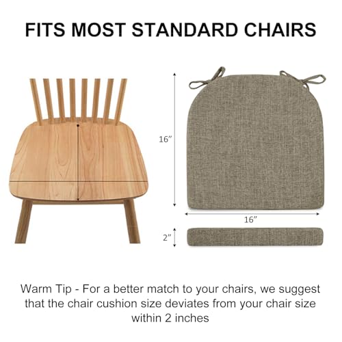 Image of Wellsin Chair Cushions for Dining Chairs 4 Pack - Kitchen Chair Cushions with Ties and Non-Slip Backing - Dining Chair Pads 16 inchX16 inchX2 inch, Khaki