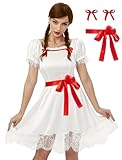 Halloween Creepy Doll Costume Women’s White Dress Puff Sleeves with Flower Waistband Belt and Red Hair Ribbons XL