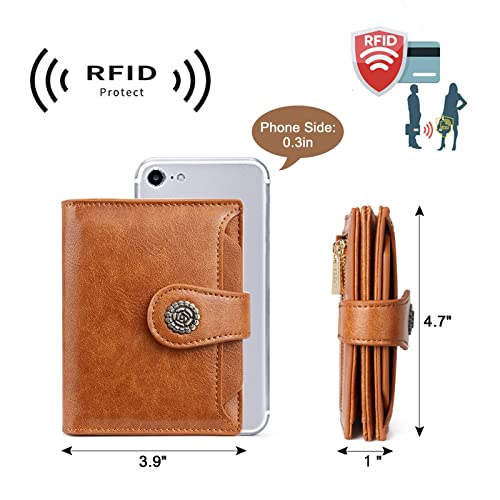 Image of CLUCI Small Wallets for Women RFID Blocking Leather Trifold Compact Credit Card Holder with ID Window Ladies Zipper Coin Purse Oil Wax Brown
