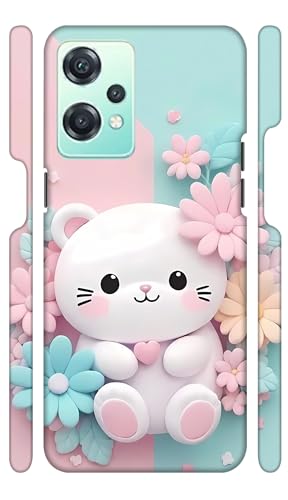 Image of Polycarbonate White Kitty Flowers Designer Printed Hard Back Cover for Oneplus Nord CE 2 Lite 5G Attractive and Uniquely Crafted Smartphone Case