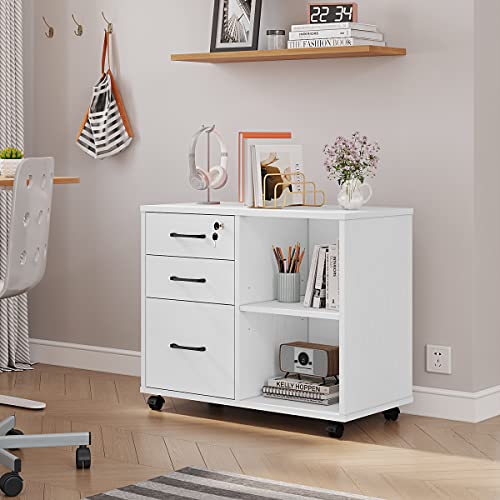 3 Drawer Office File Cabinets, Mobile Lateral Printer Stand With Open Storage Shelf, Rolling Filing Cabinet With Wheels Home Office Organization And Storage (White) #TOP1