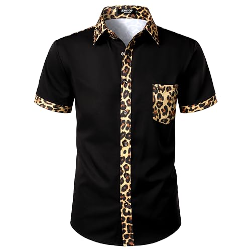 Men's Stretchy Causal Leopard Cheetah Print Short Sleeve Slim Fit Button Up Shirt