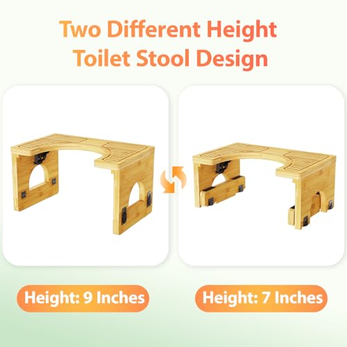 Image of Folding Toilet Stool 7 inch&9 inch Adjustable, Bamboo Poop Stool for Adults & Kids