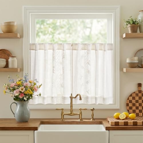 Image of jinchan White Floral Linen Kitchen Tier Curtains 24 Inch, 2 Panels
