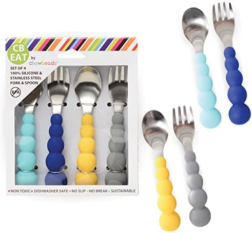 Chewbeads - Toddler Utensils Set - 4 Piece Baby, Kid or Toddler Silverware Set - Toddler Forks and Spoons Flatware - 100% Safe, BPA Free & Phthalate Free (Blue/Grey)