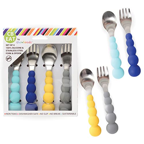 Image of Chewbeads - Toddler Utensils Set - 4 Piece Baby, Kid or Toddler Silverware Set - Toddler Forks and Spoons Flatware - 100% Safe, BPA Free & Phthalate Free (Blue/Grey)