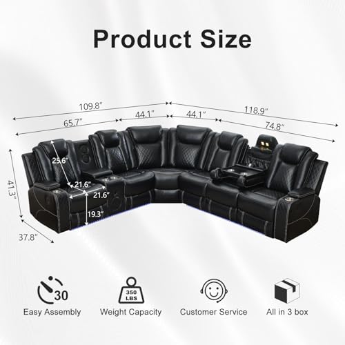 Image of Power Recliner Sectional Sofa for Living Room, Faux Leather Electric Sofa Couches with Bass Speaker, LED Light, USB, Type-C, Wireless Charging, Storage Console, Cup Holder, Reading Light, Black