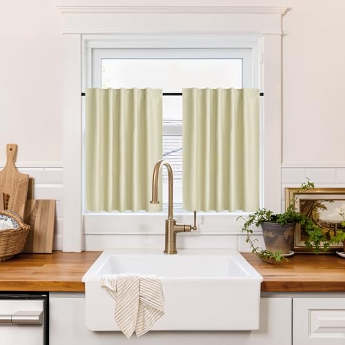Image of RYB HOME 100% Blackout RV Camper Curtains, Thermal Insulated Total Room Darkening Noise Reducing Curtains for Basement Bathroom, 34 inches Wide by 24 inches Long, Beige