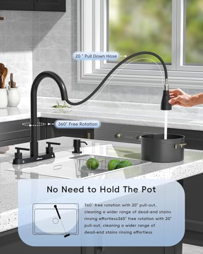 Image of APPASO 4 Hole Kitchen Faucet with Pull Down Sprayer Matte Black 8'' Center | Black Kitchen Faucets with Soap Dispenser, High Arc Modern Sink Faucet for 3-4 Hole Standard Sinks, Lead-Free Certified