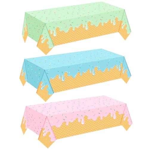 UROINEPA Ice Cream Party Decorations - 3Pcs Ice Cream Table Cloth 54 X 108 Disposable Rectangular Plastic Tablecloth - Popsicle Themed Party Supplies