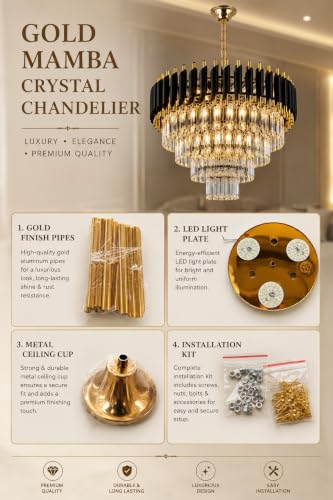 Image of Modern Crystal Chandelier Ceiling Light for Living Room, Dining Hall & Hotel | Luxury Pendant Jhoomar with K9 Crystals | 500MM Black Gold