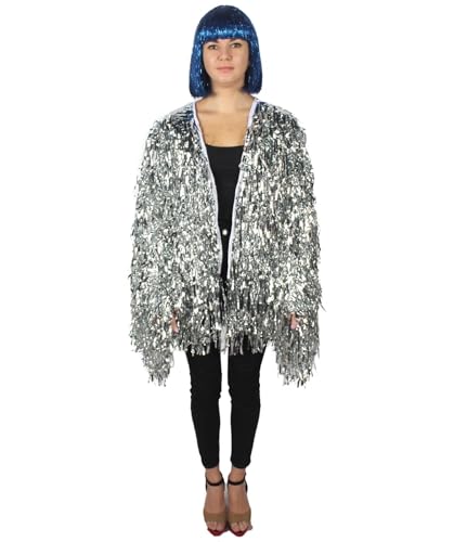 Image of HPO Unisex Thick Metallic Tinsel Foil Jacket - Extra Dense Shiny Glitter Costumes | Loose Fit Festival Rave Outfits, Silver - Small