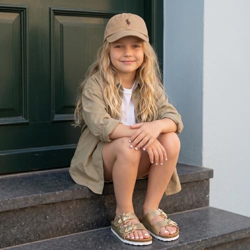 Image of CUSHIONAIRE Lily Girl Toddler Sandals with Adjustable Gold Tone Star Buckles and Cushioned Cork Footbed Slip On Girls Slides for Kids