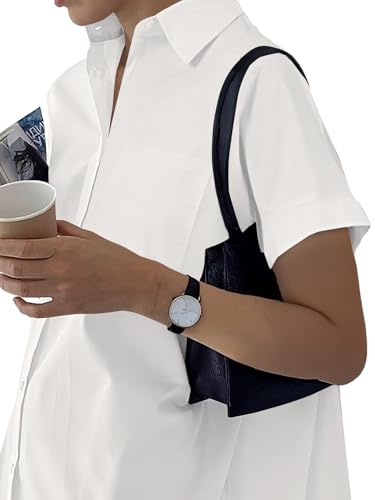 Image of Rooscier Women's Casual Shirt Dress Collar V Neck Button Down Short Sleeve Summer Mini Dresses