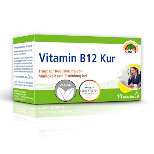 Trattamento SUNLIFE VITAMIN B12: alto dosaggio contro la stanchezza e l'esaurimento aumenta le prestazioni mentali, 10 fiale da 7 ml, confezione da 1