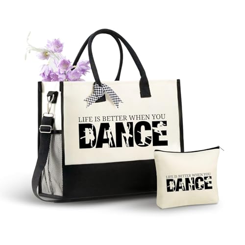 Image of InnoBeta Dancer Gifts Canvas Tote Bag, Life Is Better When You Dance Bag with Top Zipper Closure and Shoulder Strap for Birthday, Mother's Day, Christmas