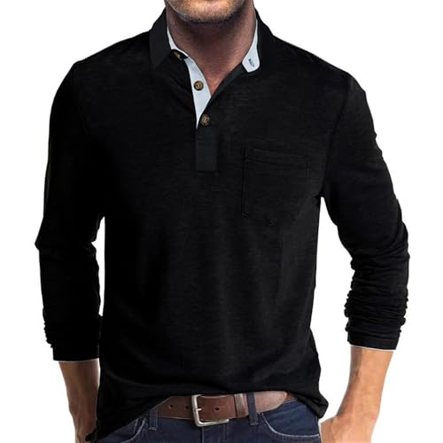 Men Polo Shirt Business Loose Mode Men Shirt Comfortable Men Casual T-Shirt All-Match Classic Unicoloured Men Longsleeve Shirt D-Black M