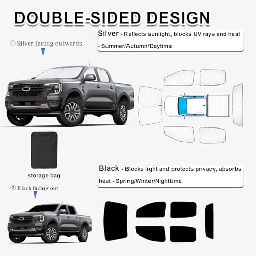 Image of KMF 6pcs Thicken Sun Shade for Ford Ranger 4Door 2019-2025 2026 Accessories,Full Car Window Covers Sunshade for Windshield Side Rear, UV Block and Privacy Blackout for Camping Outdoor