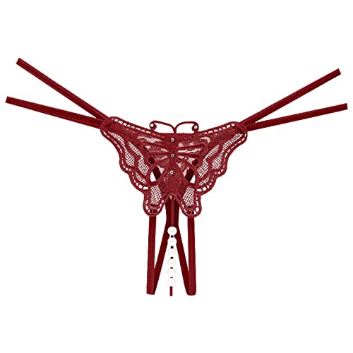 Culotte sexy pour femme brodée papillon creux taille ouverte perle massage string max sous-vêtements pour homme, Bordeaux, taille unique