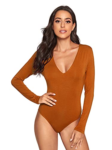 Verdusa Women s Double Layered V Neck Long Sleeve Bodysuit Top Rust Brown S