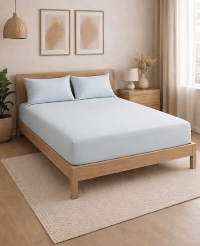 Image of THE HOME STYLE Solid Plain Cotton Feel Fitted Bedsheet King Size (72x78 inches) | 2 Pillow Covers | 300 TC | Elastic Fit | Fits Upto 8 Inch Mattress (Sky)