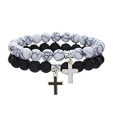 2 Pcs Set Matte Lava Rock Beaded Couple Bracelet Black White 8mm Howlite Volcanic Stone Matching Beads Elastic Cross Pendant Stretch Bracelets Religion Charm BFF Jewelry for Women Men - Style A