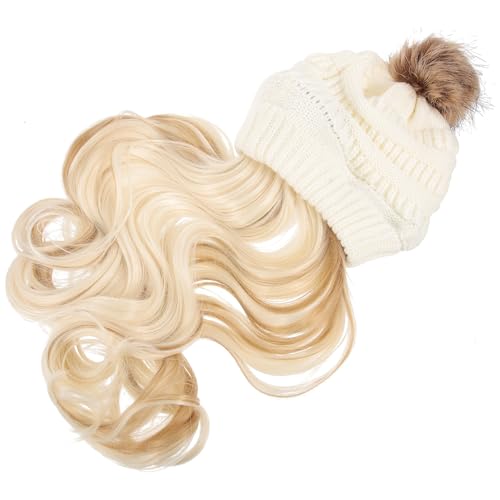 Bonnet postiche tricoté femme blanc extension cheveux longs ondulés