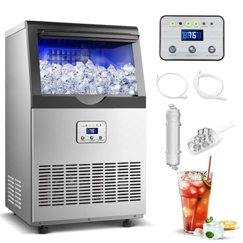 Image of Amzgachfktch Commercial Ice Maker, 110 lbs /24H, 25 lbs Ice Storage | 45 Ice Cubes in 12 Mins, Auto Self-Cleaning, Blue Light, Under Counter /Freestanding Ice Machine for Home Bar