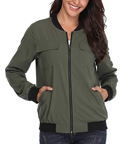 Chaquetas para Mujer Bombardero Ligero Acolchado Ropa Exterior Acolchada con Cremallera Bolsillos cálidos Manga Larga Verde Militar - S