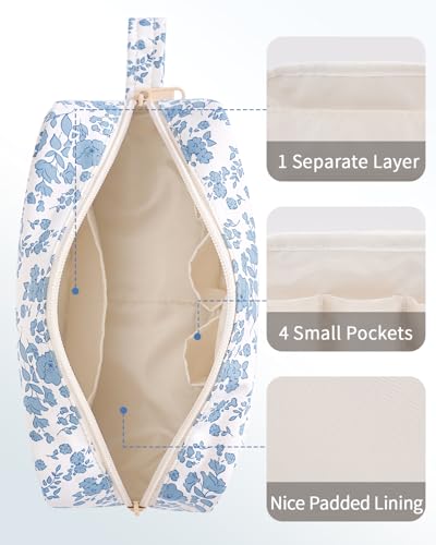Image of Narwey Cute Makeup Bag Small Toiletry Bag Travel Cosmetic Bag Organizer Make Up Bags with Organized Pockets for Women (Blue Flower, Large)