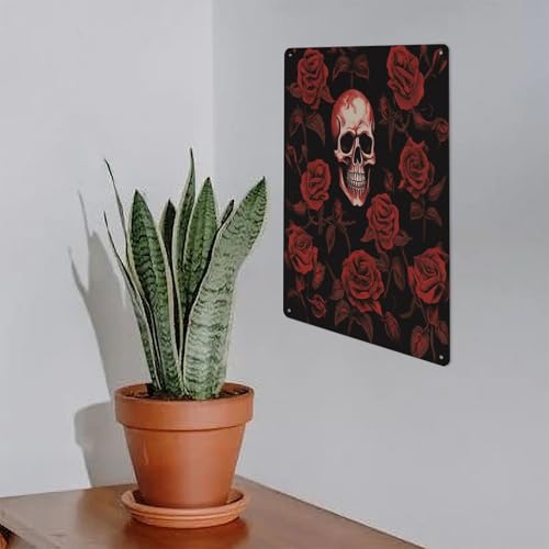 Letrero de estaño de calavera y rosa para colgar arte de pared metálico retro 8