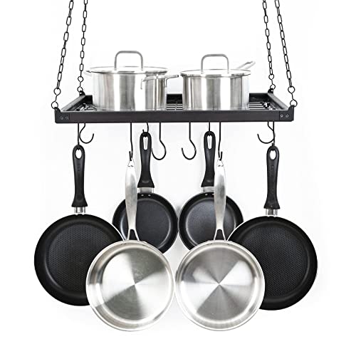 Soduku Pot Pan Rack With Shelf Grid, Ceiling Mounted Hanging Multi-Purpose Wood & Metal Cookware Hanger Organizer Kitchen Storage With 10 Hooks Espresso #TOP3