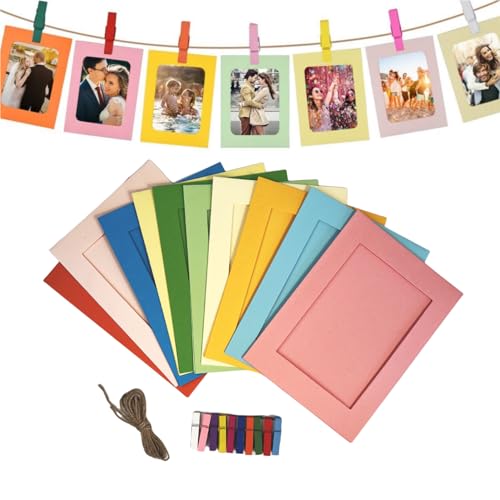 Fenglin-joy Cornice di Carta, 10 pezzi Colore Cornice di Carta Foto Cornice con mini clip di legno e corda di canapa (10 colori) Papier Fotorahmen