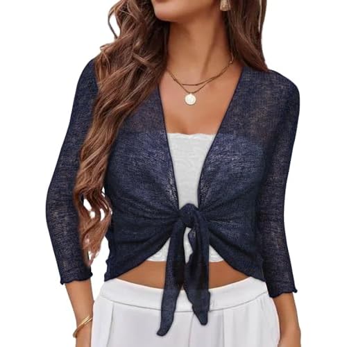 Women Crop Cardigan Sheer Mesh Bolero Shrug for Dress Tie Front 3/4 Sleeve Tops