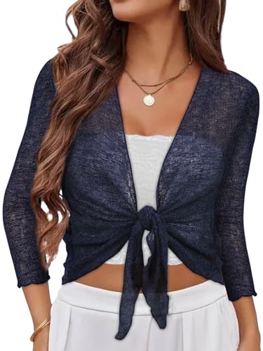 Image of Women Crop Cardigan Sheer Mesh Bolero Shrug for Dress Tie Front 3 /4 Sleeve Tops