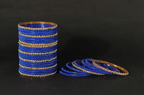 Image of NMII Premium Glass & Golden Beads Velvet Bangle Set For Women and Girls | Velvet Chudi | Traditional Chudi Set | Designer Girl's Bangles Bracelet | Wedding, Party, Festive, Daily- Set of 34