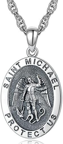 KINGWHYTE 925 Sterling Silver St Michael Necklace for Men Women St Michael Pendant Amulet Saint Michael Necklace for Men Archangel Michael Pendant Oval Medal Stainless Steel Chain Jewelry Gifts