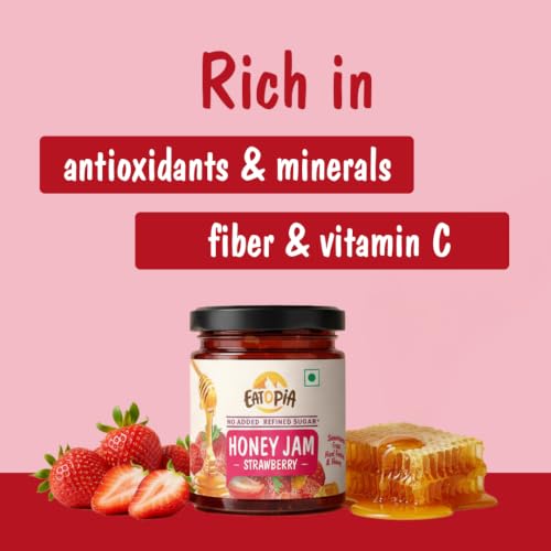 Image of Eatopia Sugar Free Strawberry Honey Jam | 100% Pure & Natural | Healthy Jam for Kids & Adults | No Added Flavours & Preservatives | 70% Real Strawberries | Sweetness from Real Fruits & Honey | Pack of 1 | 240g