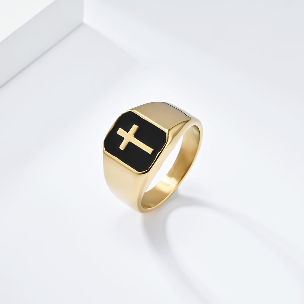 PAMTIER Men's Stainless Steel Vintage Unique Square Cut 15mm Cross Crucifix Biker Ring Comfort Fit