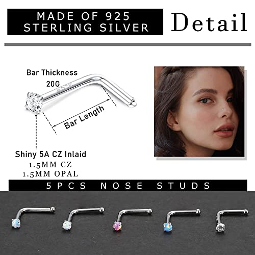 Zzhdcc Nose Ring 925 Sterling Silver Nose Rings L Shaped Nose Piercings 20G Multi Color Opal Cz Nose Studs For Women Nostril Lip Cartilage Body Jewelry 5Pcs 1.5Mm #TOP2