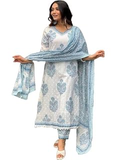 Nermosa Block Printed Kurta set for Women with Dupatta (IN, Alpha, XL, White)