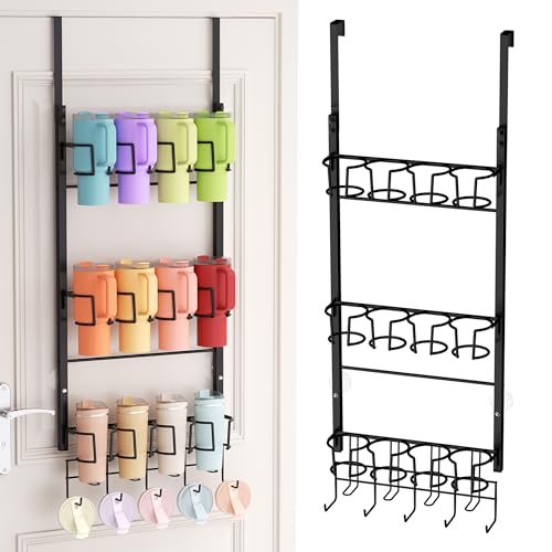 SWTYMIKI 3-Tier Water Bottle Organizer – Over the Door Stanley Cup Holder – Cup Rack with Hooks for Door or Wall Mount Option- Tumbler Organizer Storage Display for Kitchen Dorm Office RV, Black
