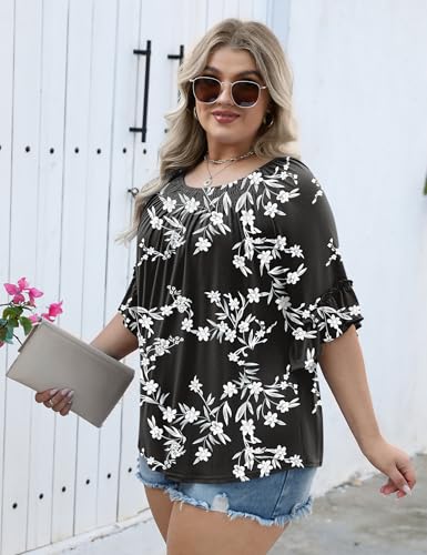 Image of Micoson Womens Plus Size Tops 3 /4 Ruffle Sleeve Crewneck Pleated Shirts