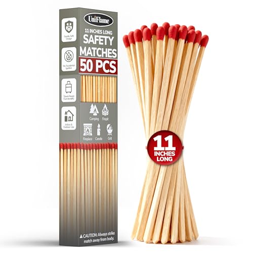 11-Inch Extra Long Wooden Safety Matches (1 Pack) - Ideal for Lighting Fireplace Candles Grills & Camping Firepits - Strike on Box - Heavy Duty Long Matches for Fireplace - 50 Count