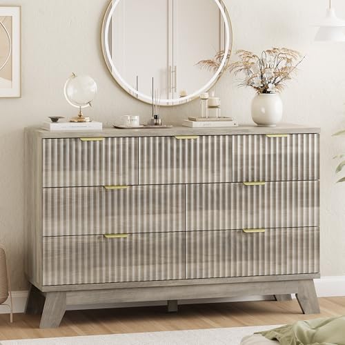 Image of Xixini Fluted Dresser for Bedroom with 7 Drawers, 48 inch Wide Modern Chest of Drawers with Metal Handle, Wood Dresser TV Stand, Wooden Closet Clothes Storage Organizer for Living Room, Hallway, Grey