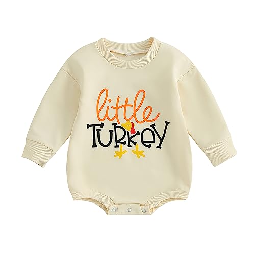 Image of FYBITBO Thanksgiving Baby Girl Boy Outfit Turkey Pullover Sweatshirt Romper Long Sleeve Onesie Cute Fall Clothes